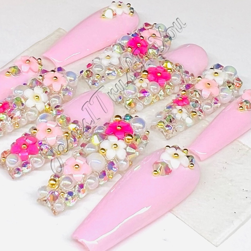 Pink Floral Press-On Nails with 3D Embellishments Long Ballerina